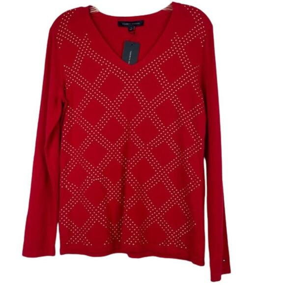 Tommy Hilfiger red long sleeve with gold studded sweater size Medium - Picture 1 of 12